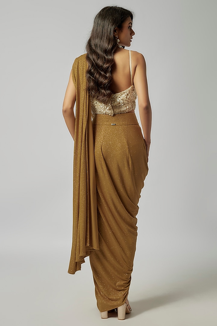 Gold Shimmer Jersey Pre-Draped Wedding Saree by 431-88 By Shweta Kapur at Pernia's Pop Up Shop