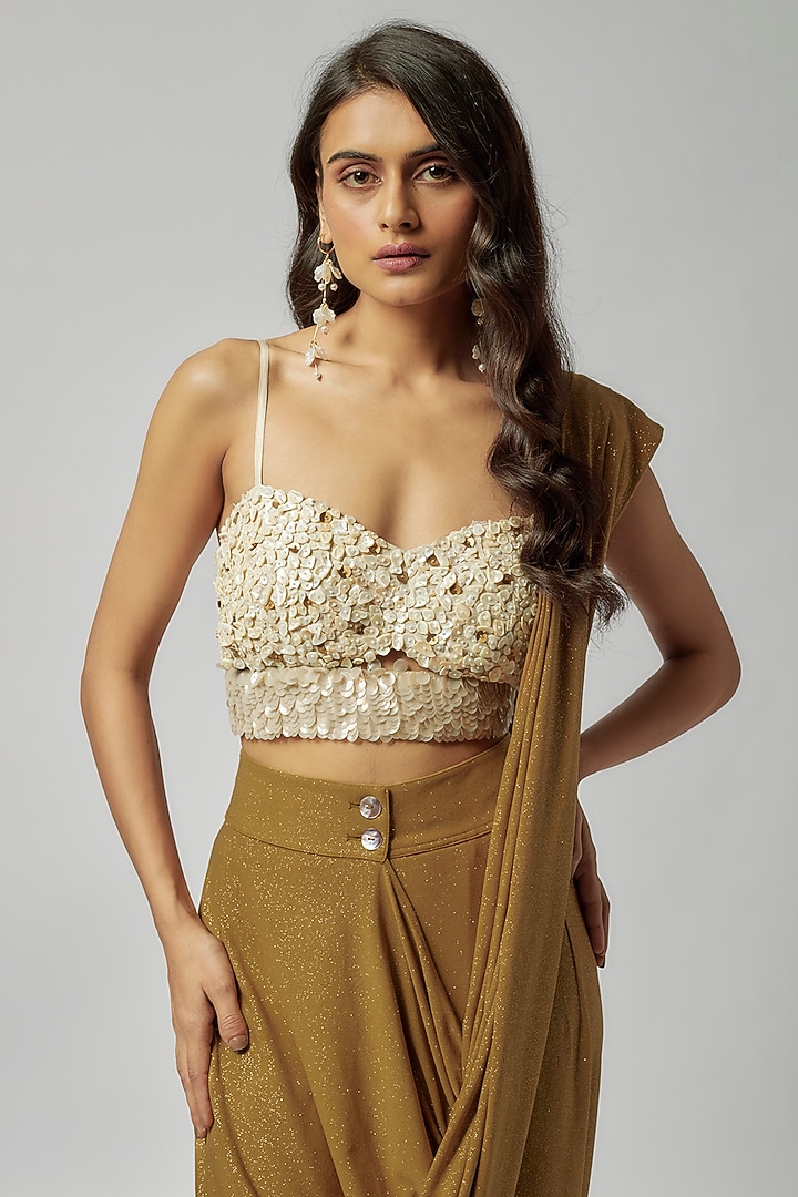 Gold Shimmer Jersey Pre-Draped Wedding Saree by 431-88 By Shweta Kapur at Pernia's Pop Up Shop