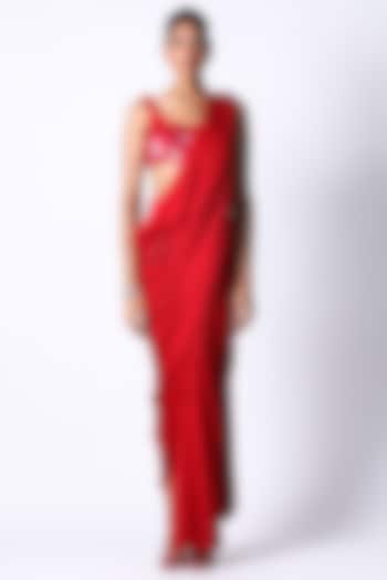 Red Textured Satin Draped Wedding Saree by 431-88 By Shweta Kapur at Pernia's Pop Up Shop