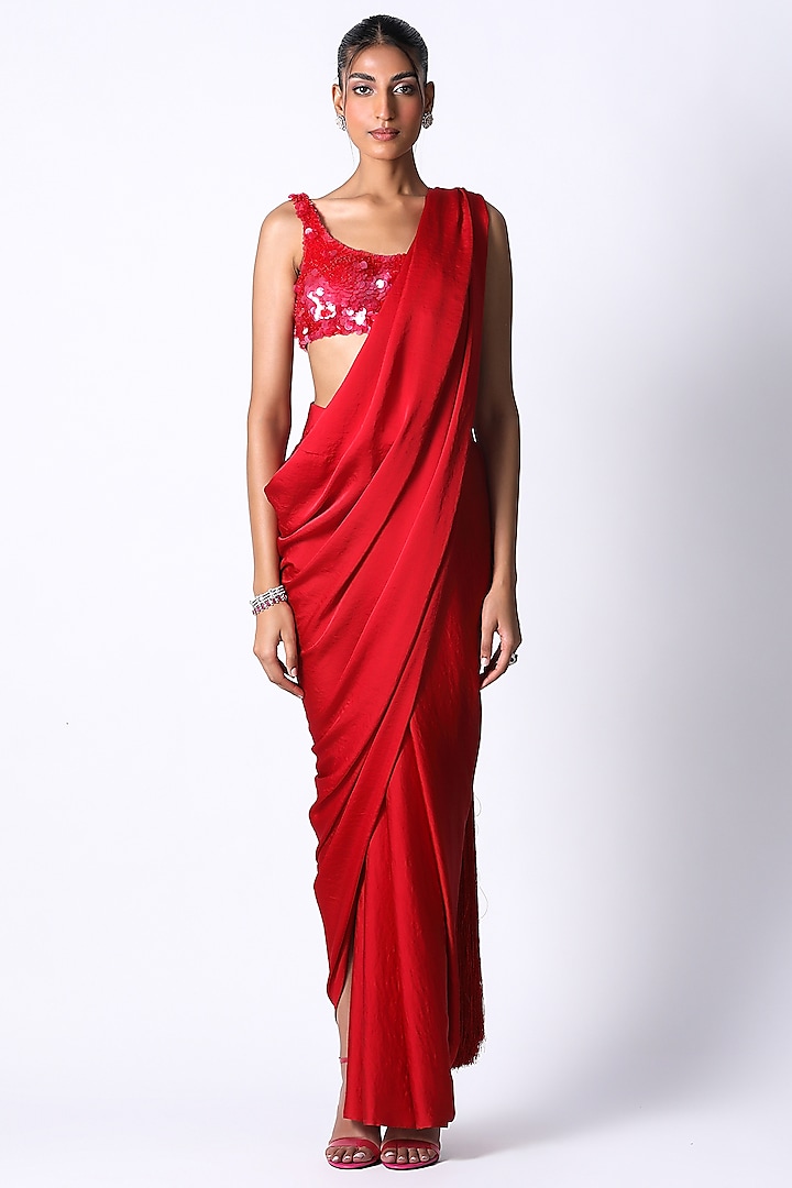 Red Textured Satin Draped Wedding Saree by 431-88 By Shweta Kapur at Pernia's Pop Up Shop