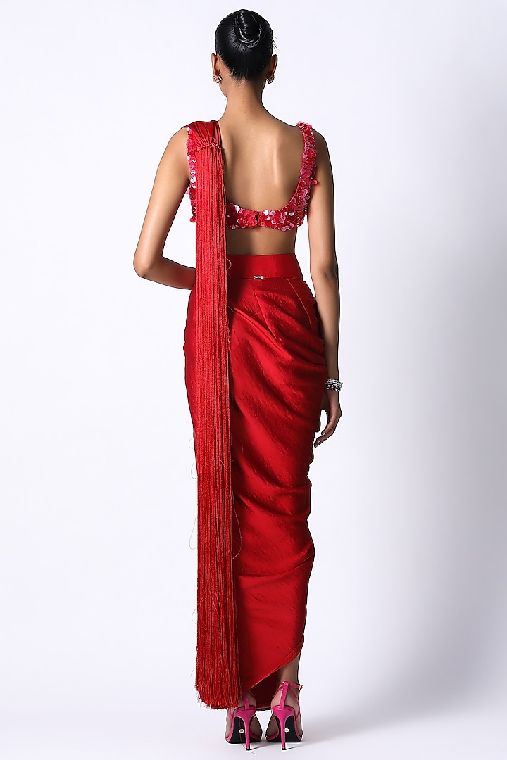 Red Textured Satin Draped Wedding Saree by 431-88 By Shweta Kapur at Pernia's Pop Up Shop