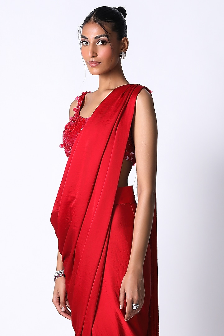Red Textured Satin Draped Wedding Saree by 431-88 By Shweta Kapur at Pernia's Pop Up Shop