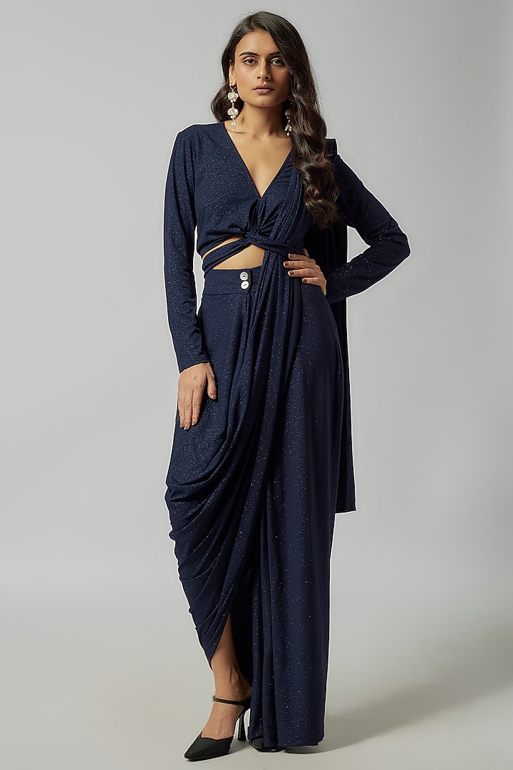 Navy Blue Shimmer Jersey Pre-Draped Wedding Saree by 431-88 By Shweta Kapur at Pernia's Pop Up Shop