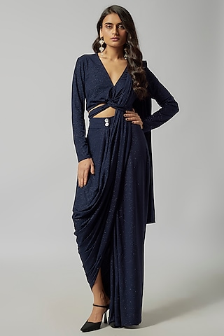 Navy Blue Shimmer Jersey Pre-Draped Saree by 431-88 By Shweta Kapur