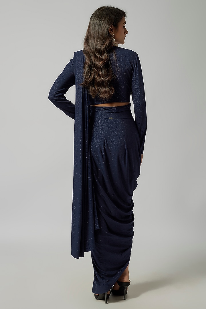 Navy Blue Shimmer Jersey Pre-Draped Wedding Saree by 431-88 By Shweta Kapur at Pernia's Pop Up Shop