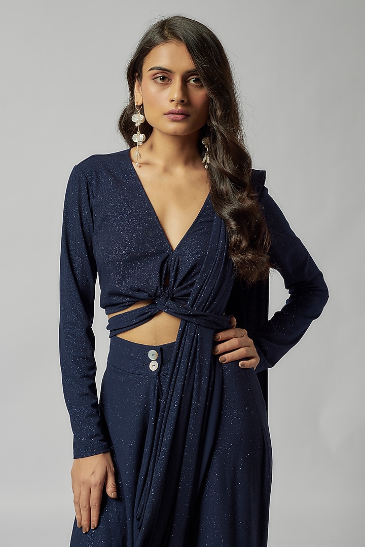 Navy Blue Shimmer Jersey Pre-Draped Wedding Saree by 431-88 By Shweta Kapur at Pernia's Pop Up Shop