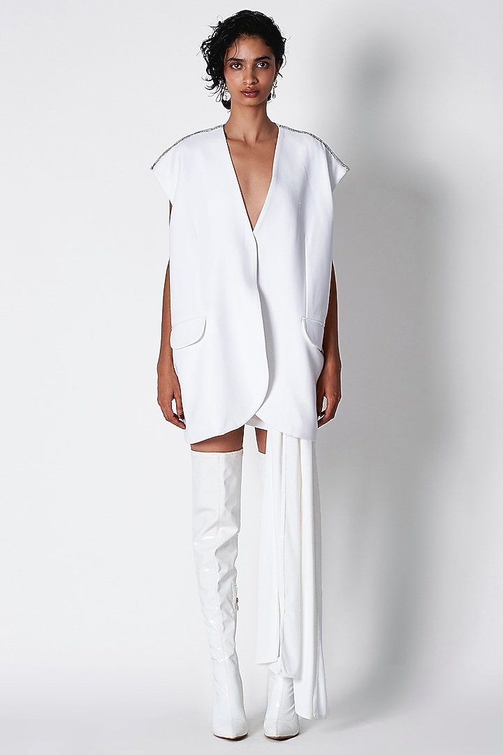 Ivory Metz Crepe Embellished Jacket by 431-88 By Shweta Kapur at Pernia's Pop Up Shop