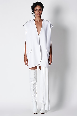 Ivory Metz Crepe Embellished Jacket by 431-88 By Shweta Kapur
