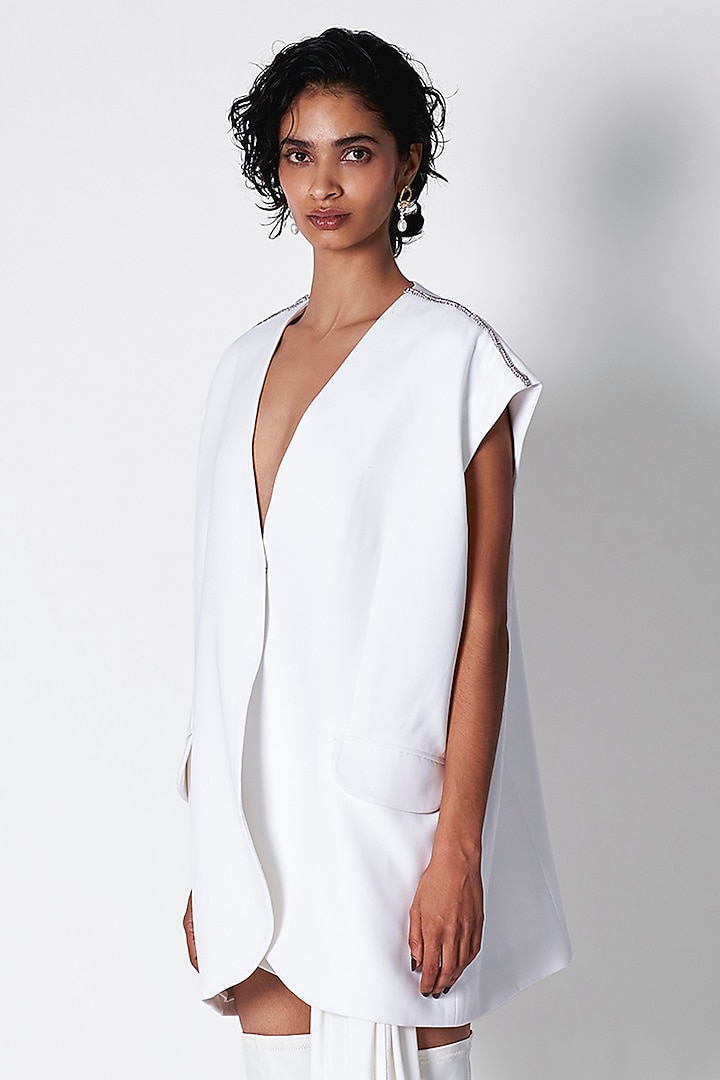 Ivory Metz Crepe Embellished Jacket by 431-88 By Shweta Kapur at Pernia's Pop Up Shop