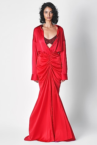Red Satin Shirt by 431-88 By Shweta Kapur