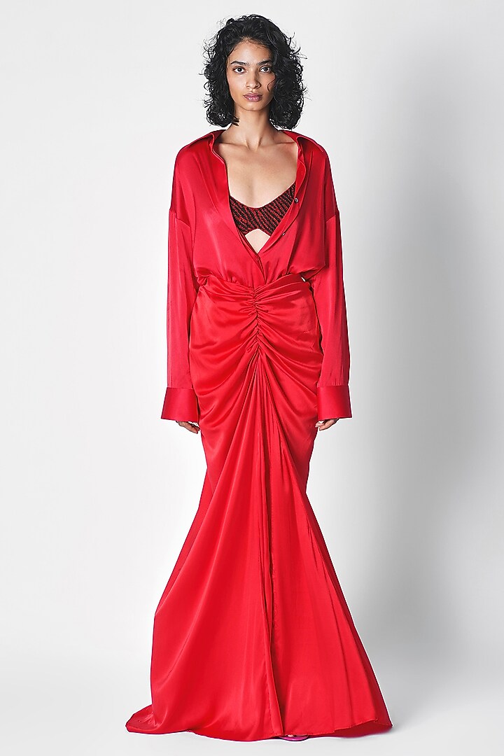 Red Satin Gathered Skirt by 431-88 By Shweta Kapur at Pernia's Pop Up Shop