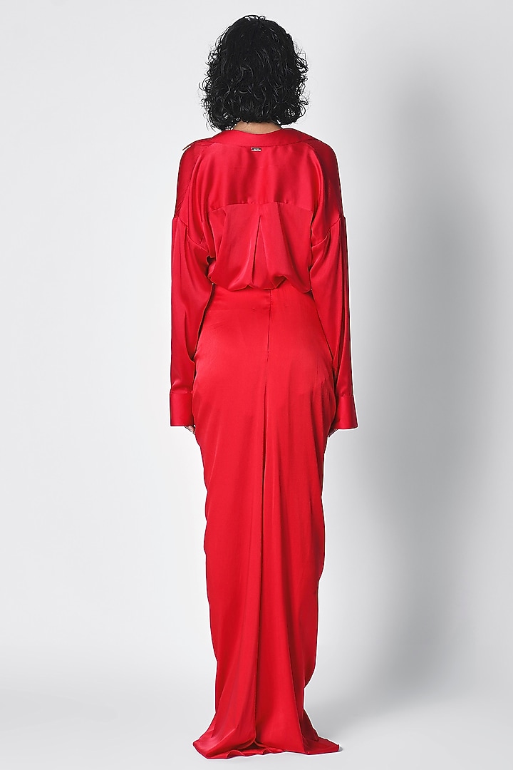 Red Satin Gathered Skirt by 431-88 By Shweta Kapur at Pernia's Pop Up Shop