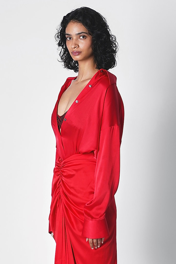 Red Satin Gathered Skirt by 431-88 By Shweta Kapur at Pernia's Pop Up Shop