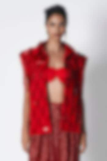 Red Cotton Twill Hand Embroidered Open Jacket by 431-88 By Shweta Kapur at Pernia's Pop Up Shop