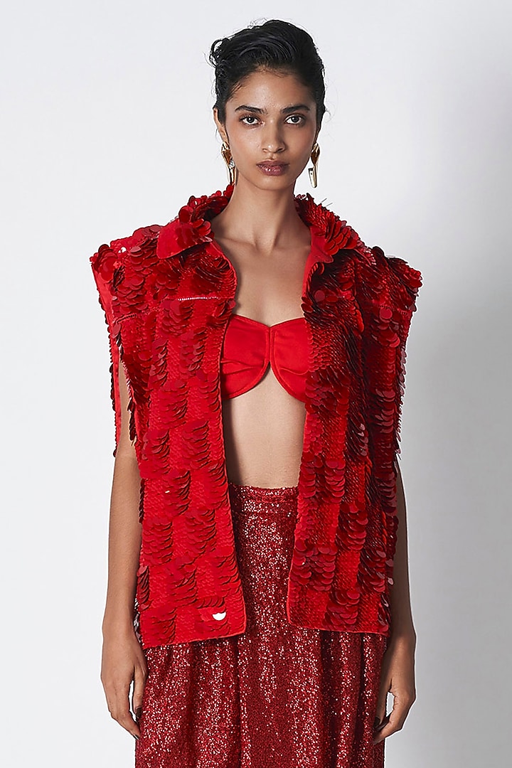 Red Cotton Twill Hand Embroidered Open Jacket by 431-88 By Shweta Kapur at Pernia's Pop Up Shop