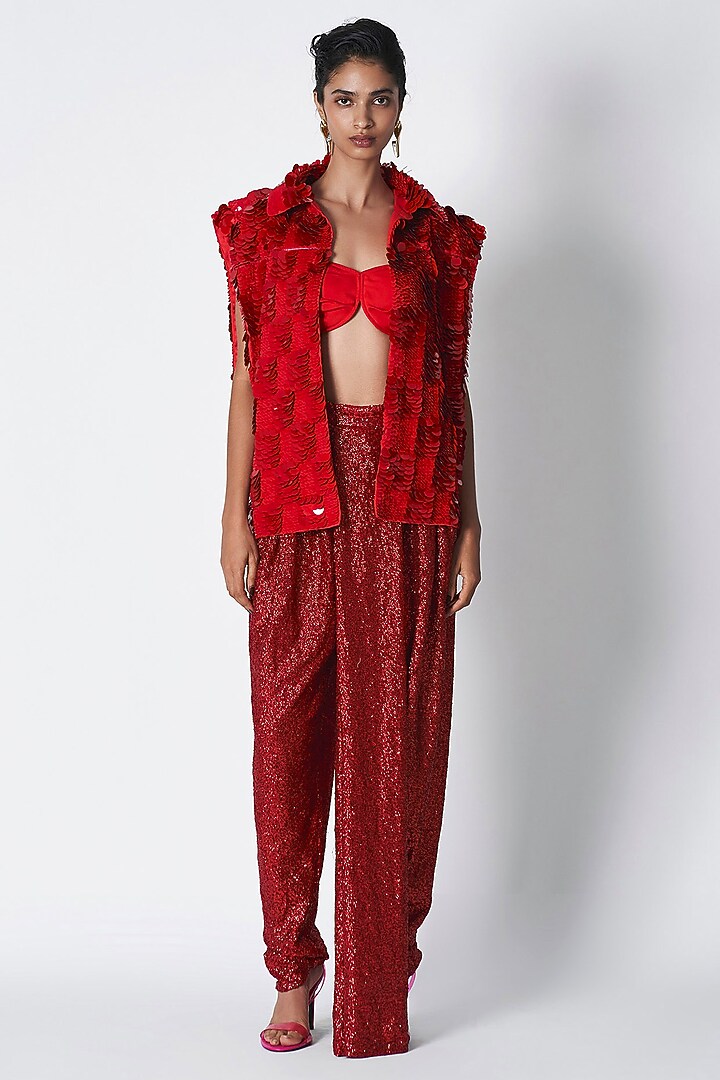 Red Cotton Twill Hand Embroidered Open Jacket by 431-88 By Shweta Kapur at Pernia's Pop Up Shop