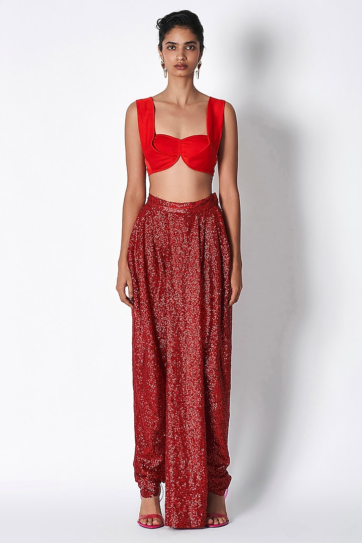 Red Crepe Pleated Top by 431-88 By Shweta Kapur