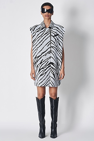 Black & White Cotton Twill Beads Embroidered Mini Dress by 431-88 By Shweta Kapur