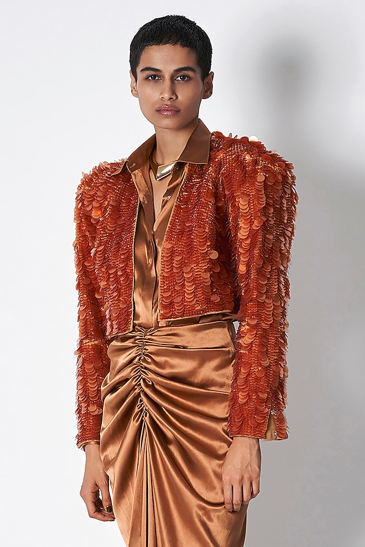 Rust Cotton Twill Sequins Embroidered Structured Blazer by 431-88 By Shweta Kapur at Pernia's Pop Up Shop