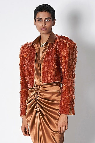 Rust Cotton Twill Sequins Embroidered Structured Blazer by 431-88 By Shweta Kapur