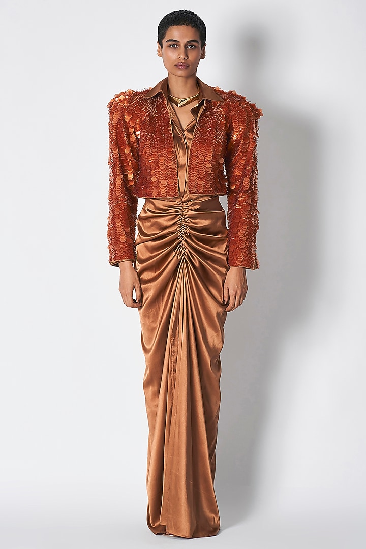 Rust Cotton Twill Sequins Embroidered Structured Blazer by 431-88 By Shweta Kapur at Pernia's Pop Up Shop
