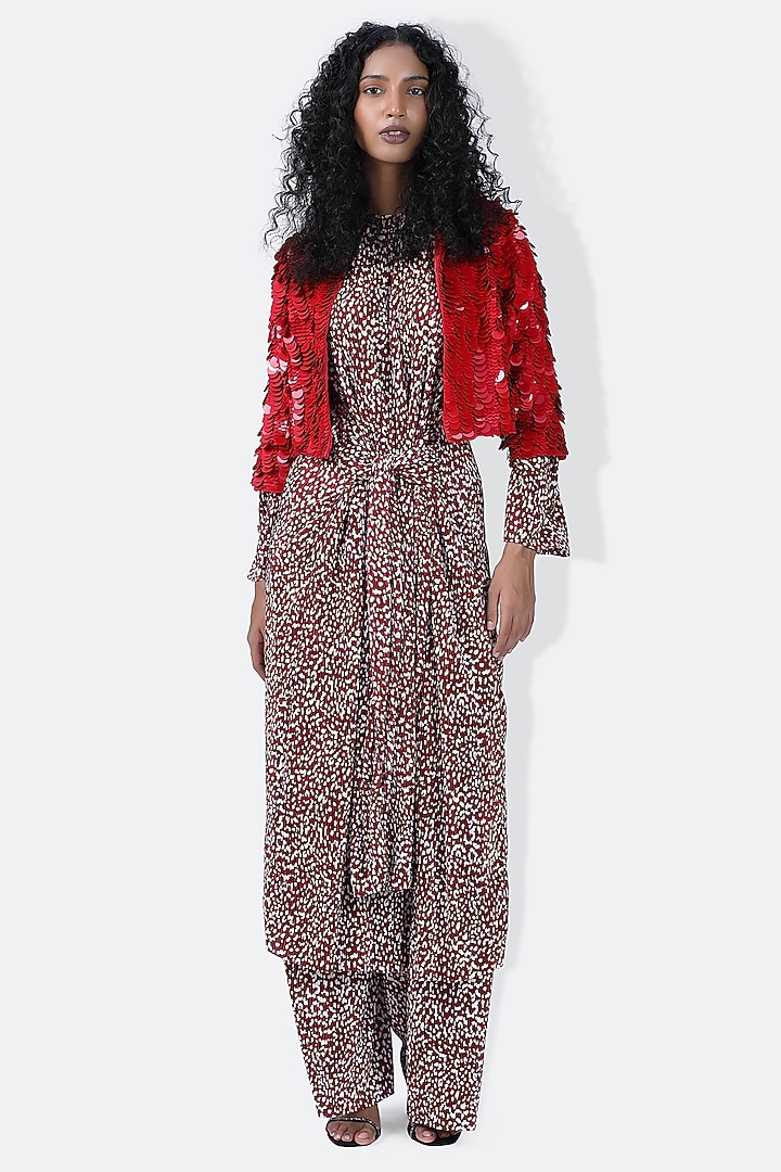 Red Dupion Sequins Embroidered Cape by 431-88 By Shweta Kapur at Pernia's Pop Up Shop