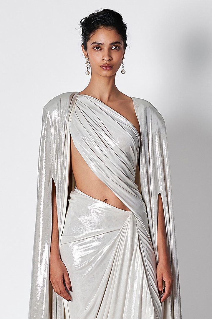 Ecru Liquid Jersey Draped Wedding Saree by 431-88 By Shweta Kapur at Pernia's Pop Up Shop
