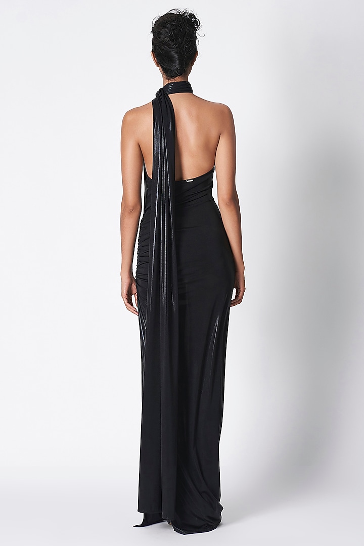 Black Liquid Jersey Off-Shoulder Wedding Saree by 431-88 By Shweta Kapur at Pernia's Pop Up Shop