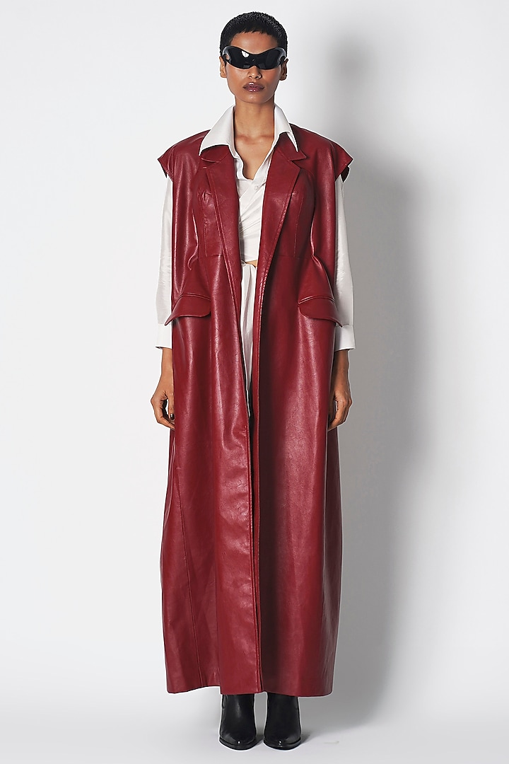 Maroon Leather Trench coat by 431-88 By Shweta Kapur