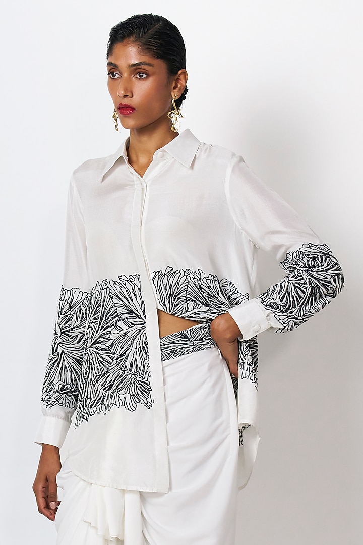 White & Black Dupion Pearl Hand Embroidered Shirt by 431-88 By Shweta Kapur at Pernia's Pop Up Shop