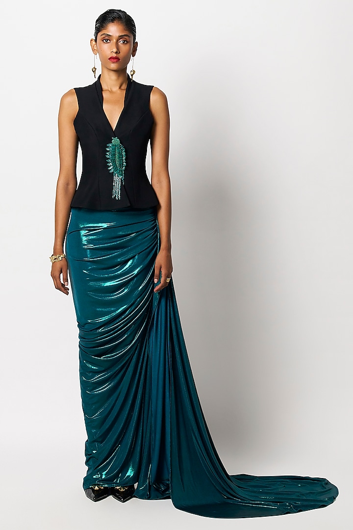 Black & Emerald Micropoly Patch Hand Embroidered Blazer by 431-88 By Shweta Kapur at Pernia's Pop Up Shop