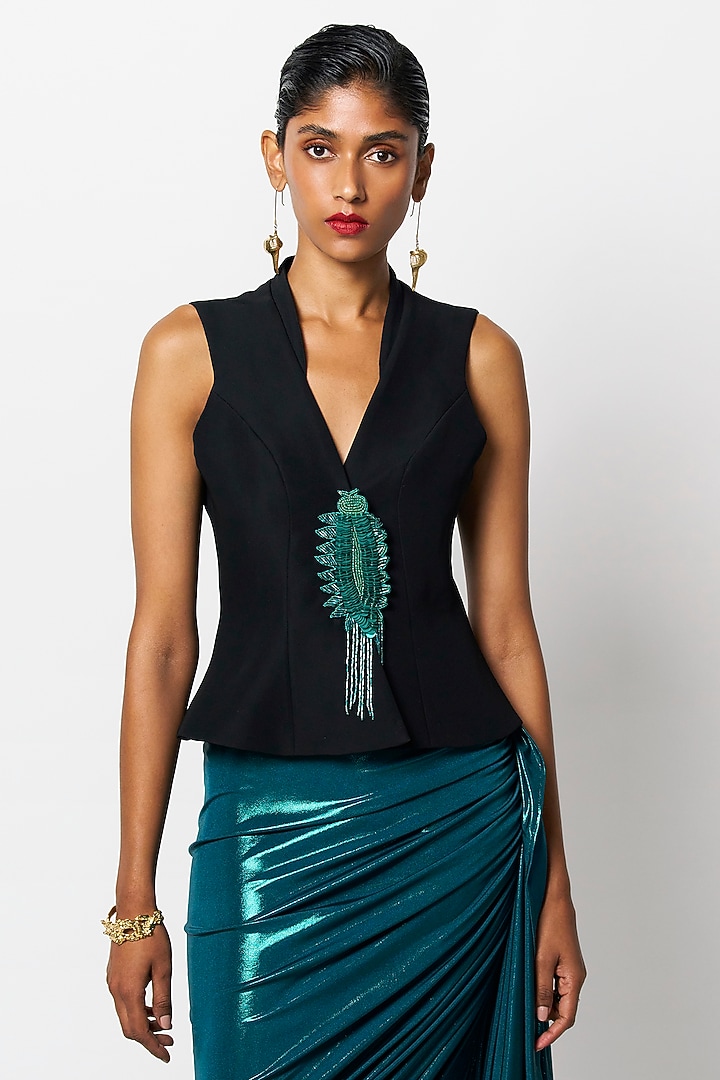 Black & Emerald Micropoly Patch Hand Embroidered Blazer by 431-88 By Shweta Kapur at Pernia's Pop Up Shop