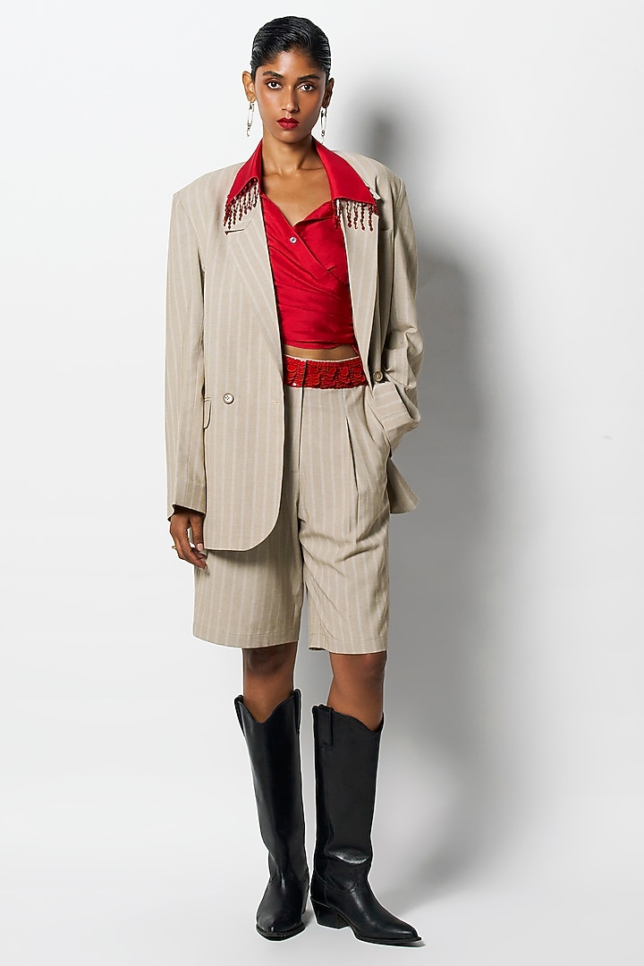 Beige Luxe Suiting Blazer by 431-88 By Shweta Kapur at Pernia's Pop Up Shop