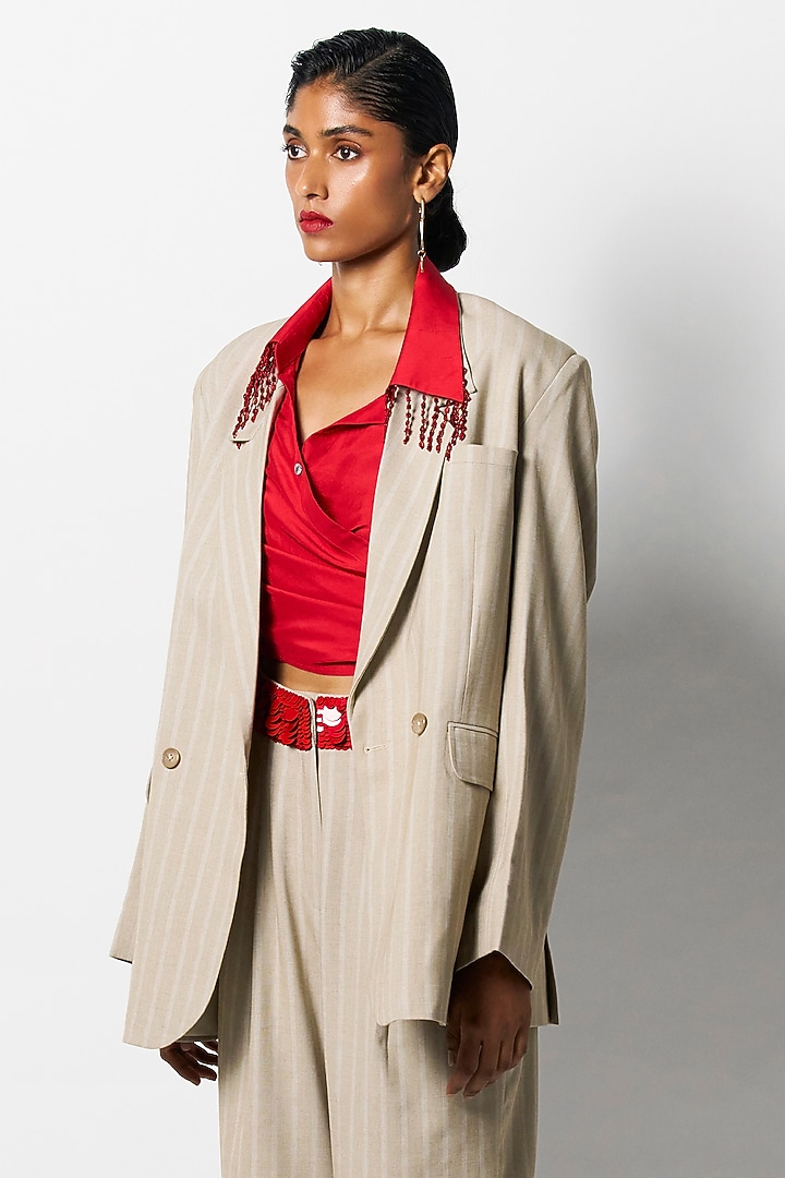 Beige Luxe Suiting Blazer by 431-88 By Shweta Kapur at Pernia's Pop Up Shop