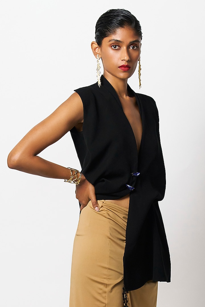 Black Micropoly Sleeveless Blazer by 431-88 By Shweta Kapur at Pernia's Pop Up Shop