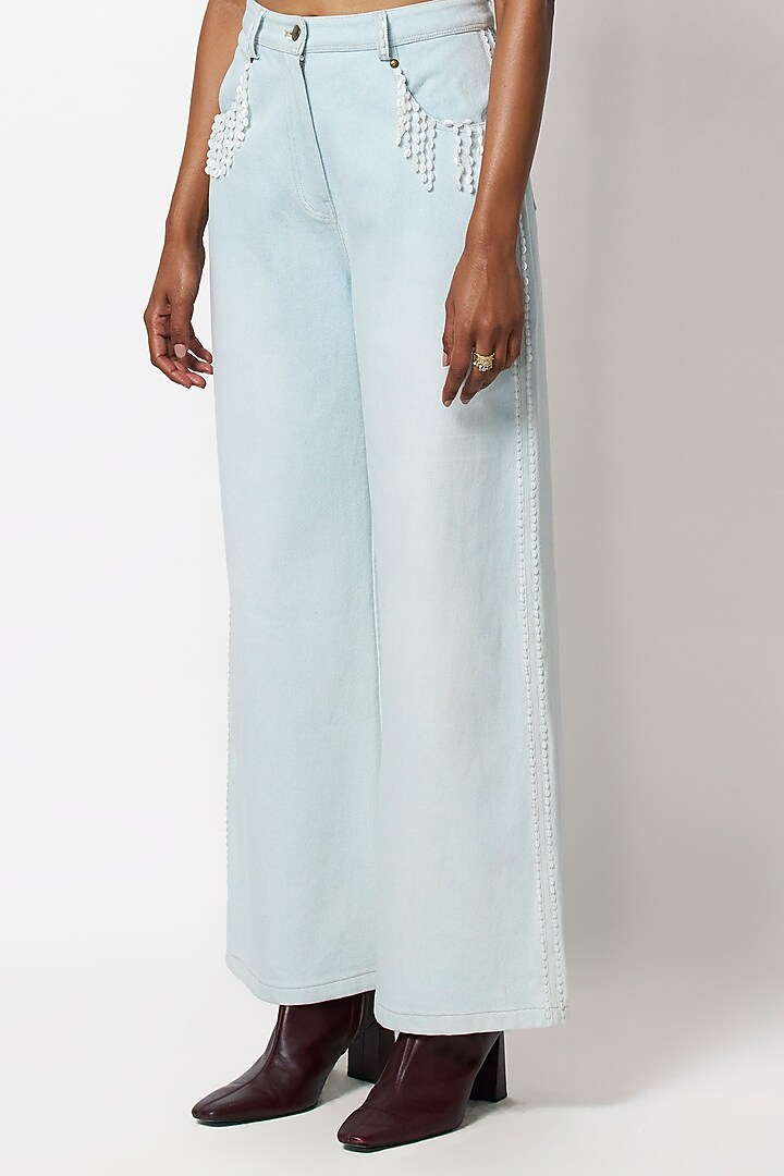 Blue Denim Hand Embroidered Straight Jeans by 431-88 By Shweta Kapur at Pernia's Pop Up Shop