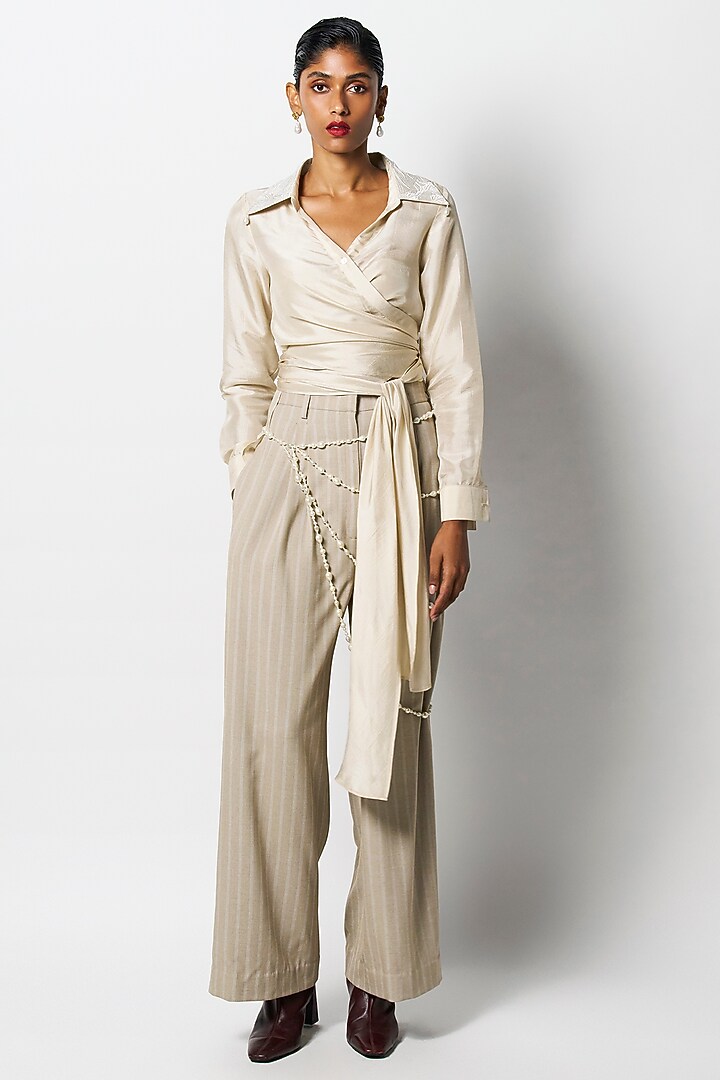 Beige Suiting High-Waisted Flared Pants by 431-88 By Shweta Kapur at Pernia's Pop Up Shop