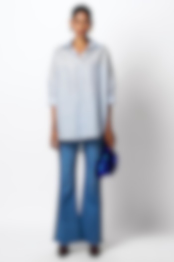 Blue Cotton Denim Hand Embroidered Bootcut Pants by 431-88 By Shweta Kapur at Pernia's Pop Up Shop