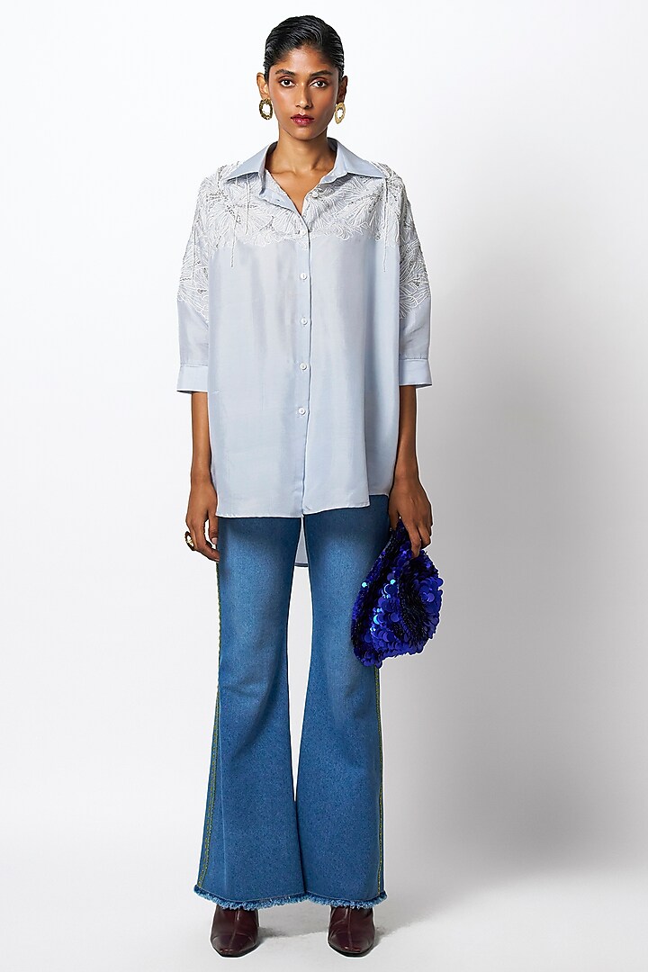 Blue Cotton Denim Hand Embroidered Bootcut Pants by 431-88 By Shweta Kapur at Pernia's Pop Up Shop