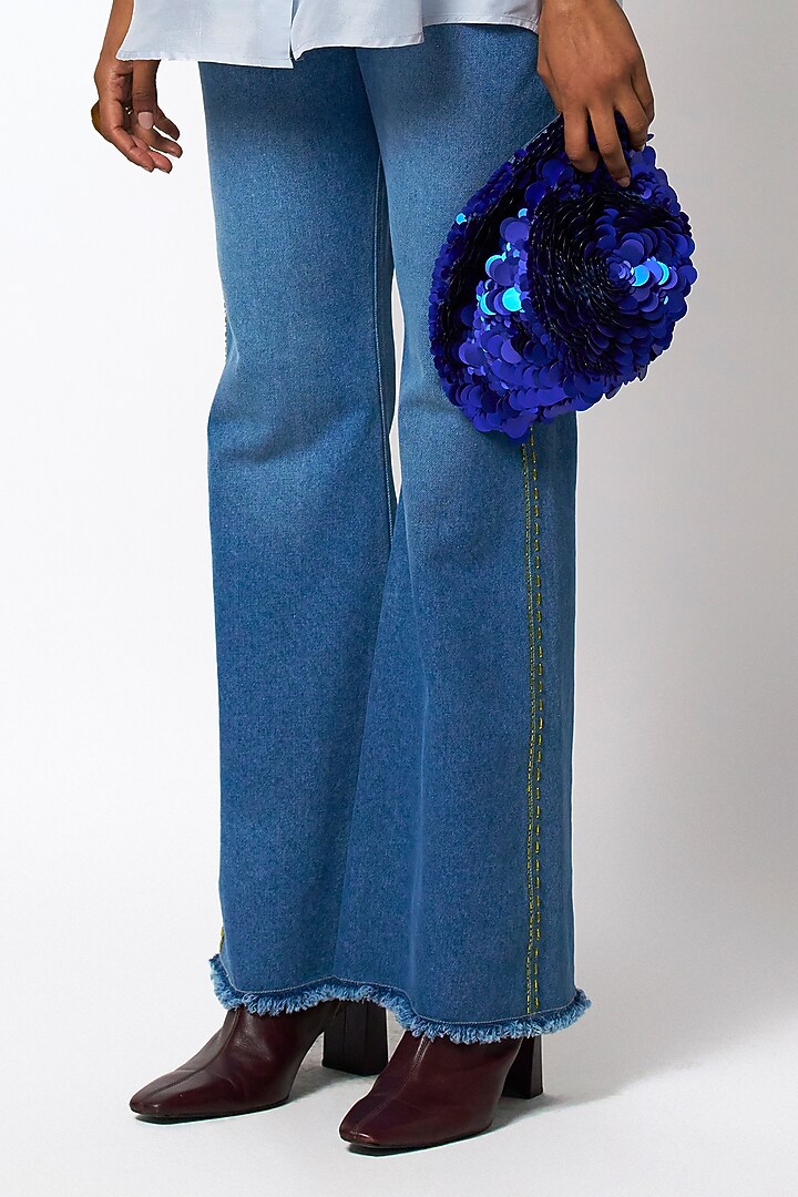 Blue Cotton Denim Hand Embroidered Bootcut Pants by 431-88 By Shweta Kapur at Pernia's Pop Up Shop