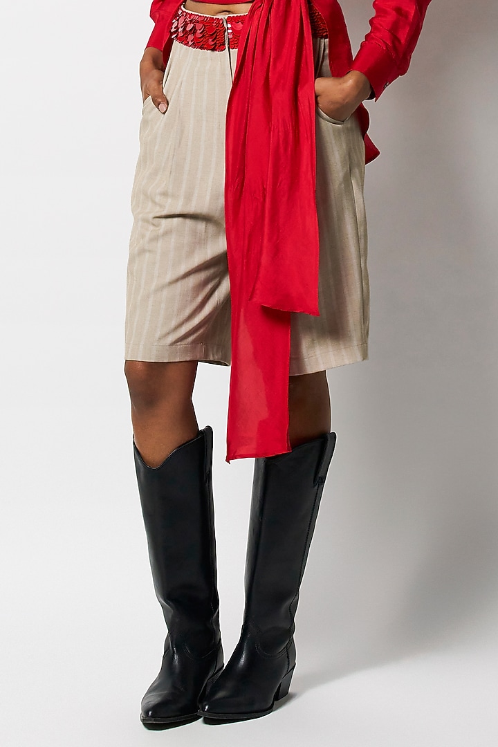 Beige Suiting Sequin Embroidered Shorts by 431-88 By Shweta Kapur at Pernia's Pop Up Shop
