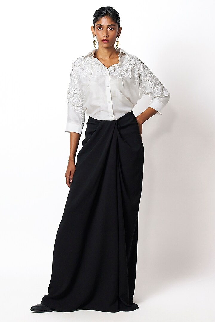 Black Micropoly Draped Pants by 431-88 By Shweta Kapur at Pernia's Pop Up Shop