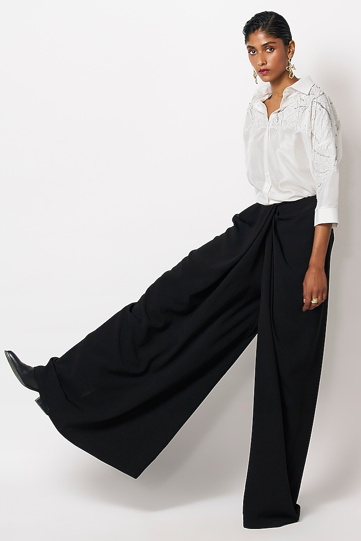 Black Micropoly Draped Pants by 431-88 By Shweta Kapur at Pernia's Pop Up Shop
