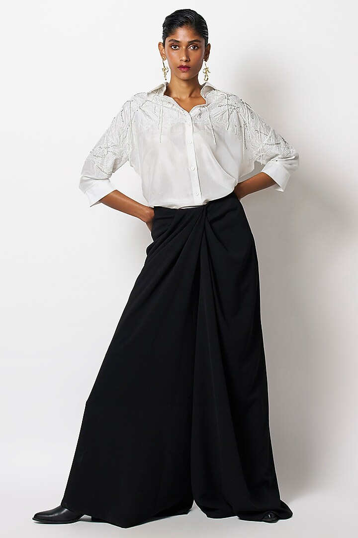 Black Micropoly Draped Pants by 431-88 By Shweta Kapur at Pernia's Pop Up Shop