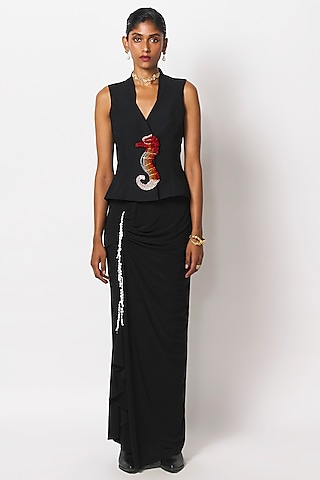 Black Jersey Gathered Draped Skirt by 431-88 By Shweta Kapur