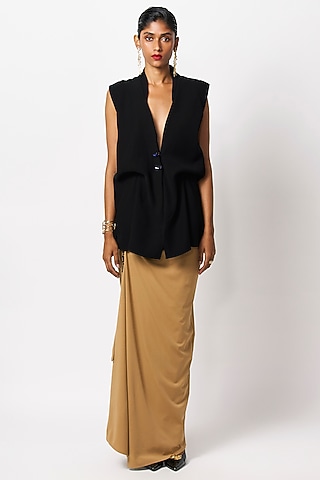 Camel Brown Jersey Gathered Draped Skirt by 431-88 By Shweta Kapur