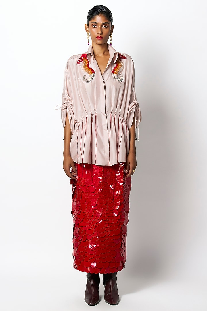 Cherry Red Dupion Sequin Embroidered Ombre Pencil Skirt by 431-88 By Shweta Kapur at Pernia's Pop Up Shop