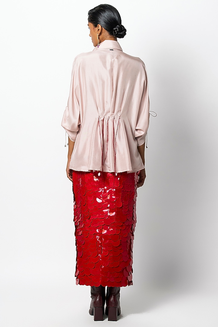 Cherry Red Dupion Sequin Embroidered Ombre Pencil Skirt by 431-88 By Shweta Kapur at Pernia's Pop Up Shop
