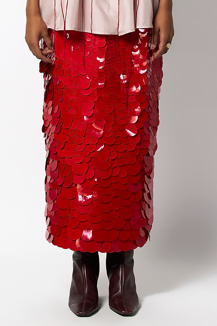 Cherry Red Dupion Sequin Embroidered Ombre Pencil Skirt by 431-88 By Shweta Kapur at Pernia's Pop Up Shop