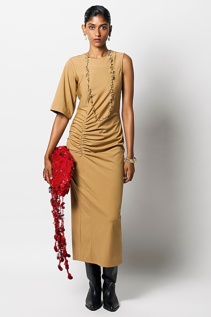 Beige Soft Jersey Gathered Maxi Vacation Dress by 431-88 By Shweta Kapur at Pernia's Pop Up Shop
